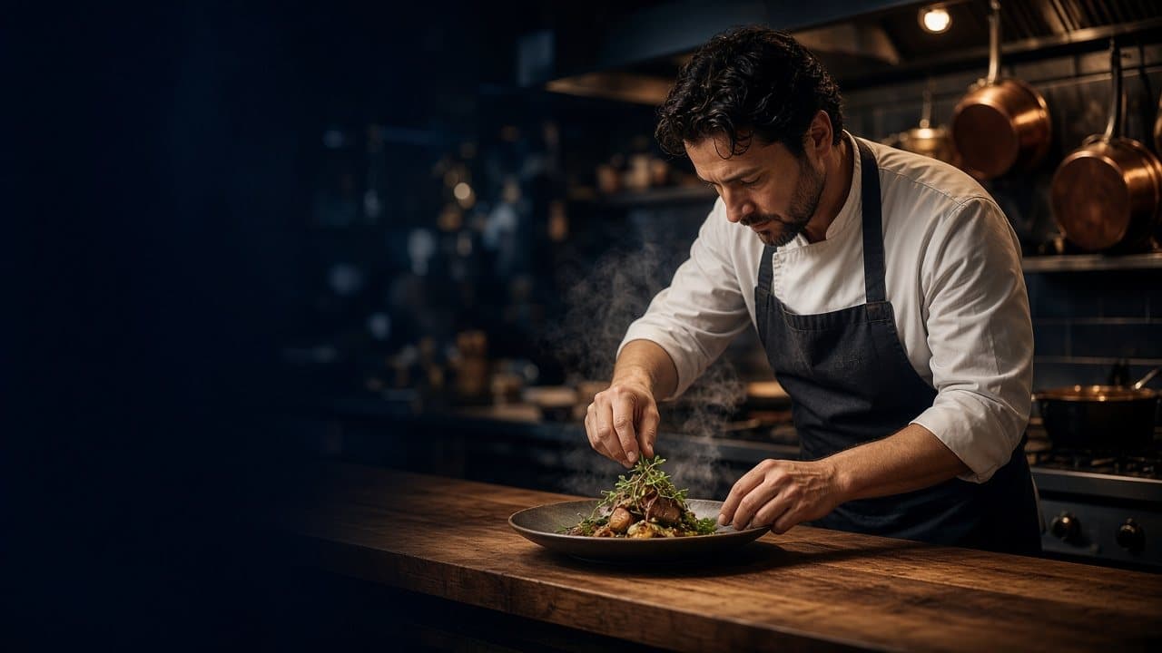 Chef em cozinha profissional finalizando um prato