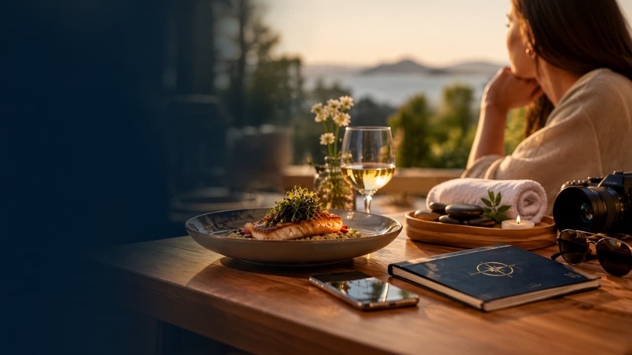 Mesa ao entardecer com prato, vinho, pedras de massagem, câmera e caderno de viagem
